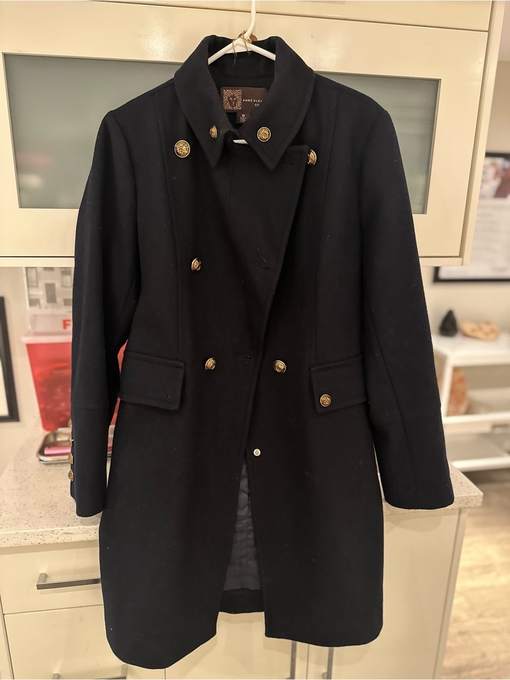 Anne Klein Black Double-Breasted Pea Coat with Gold Buttons